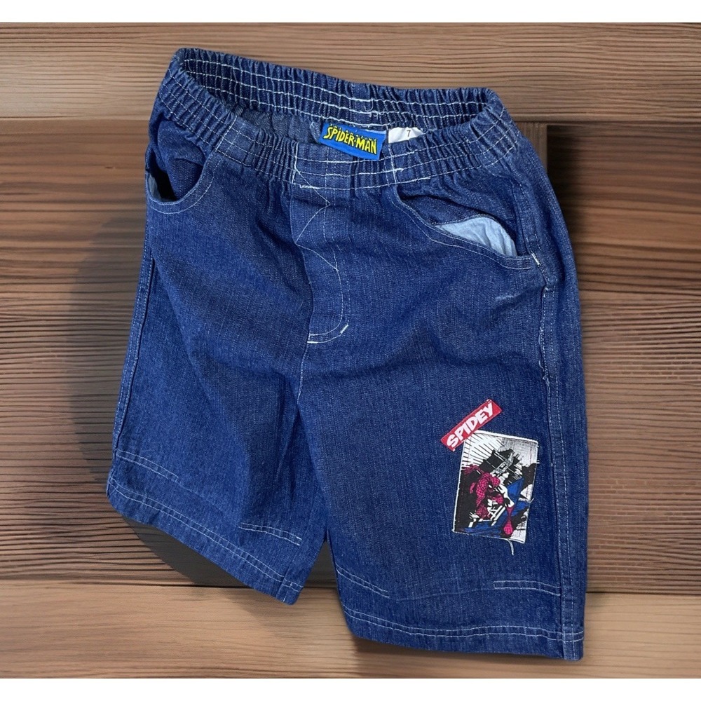 Vintage Spiderman Jean Denim Shorts Boys 7 Baggy Y2K Elastic Waist‎ Spidey Rare